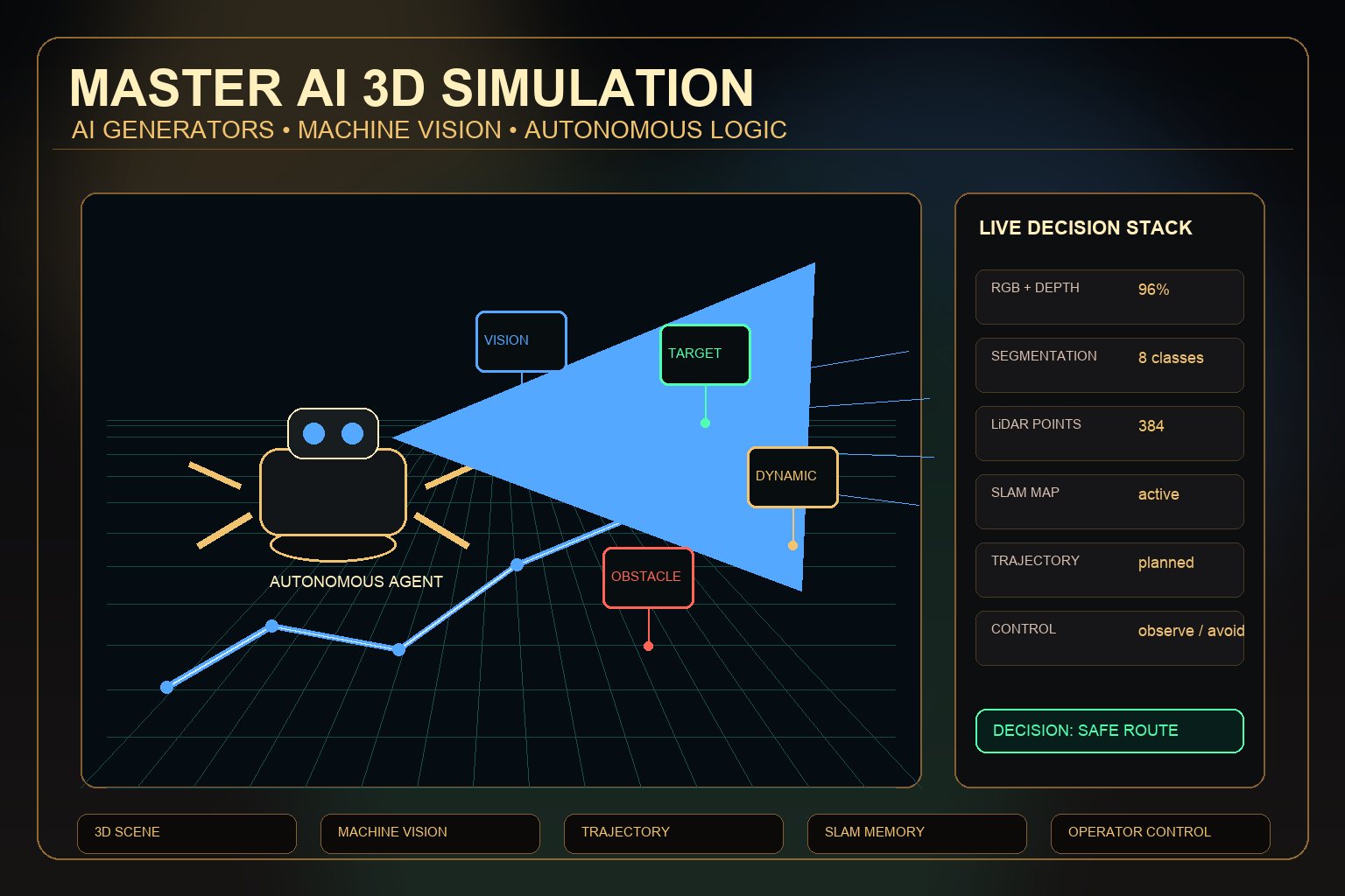 Master AI 3D simulation scene with robot, objects, trajectory and decision stack